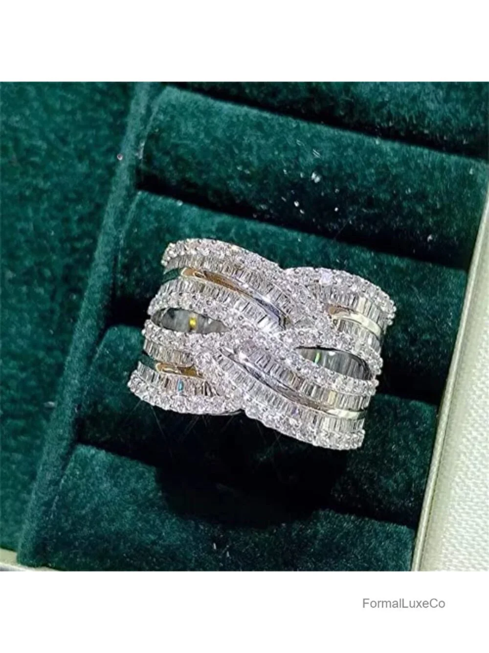 Sterling Silver Cubic Zirconia Cocktail Ring Criss Cross Multi Row Band